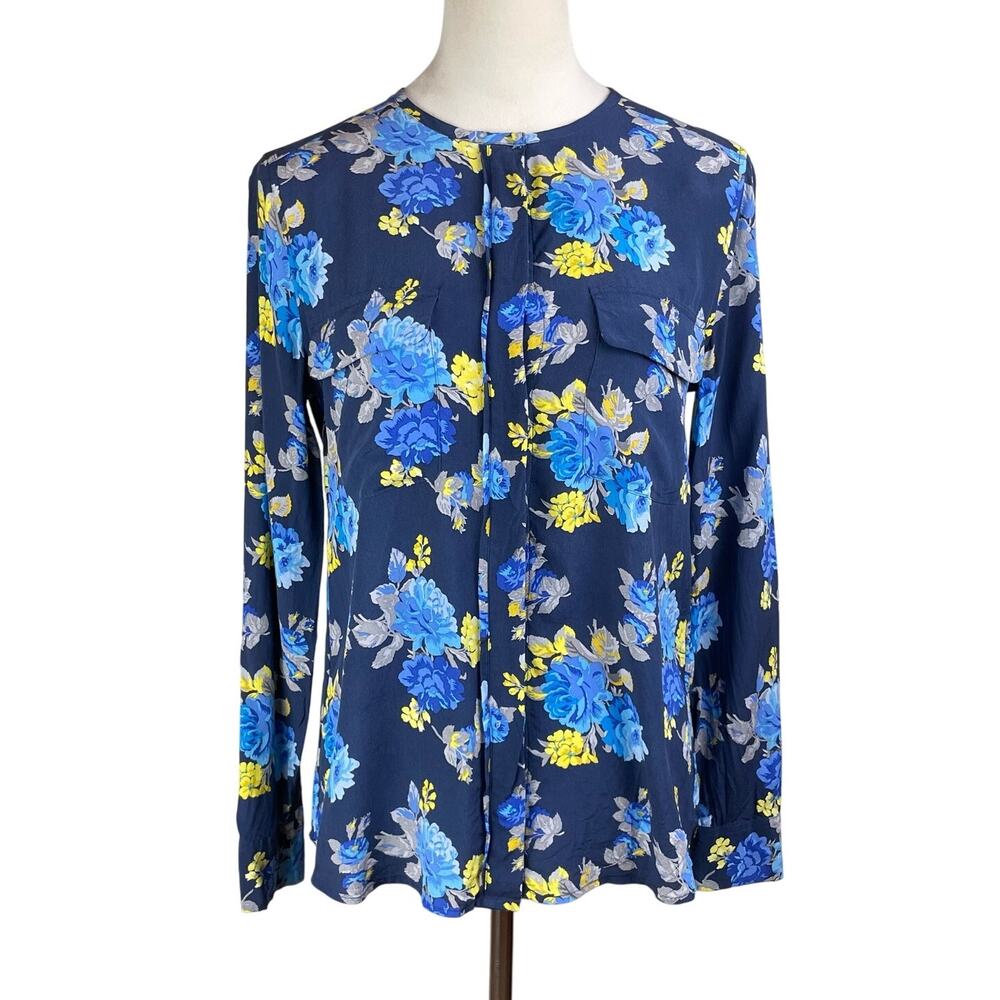 Equipment 100% Silk Navy Blue Floral Long Sleeve Button Up Blouse Pocket